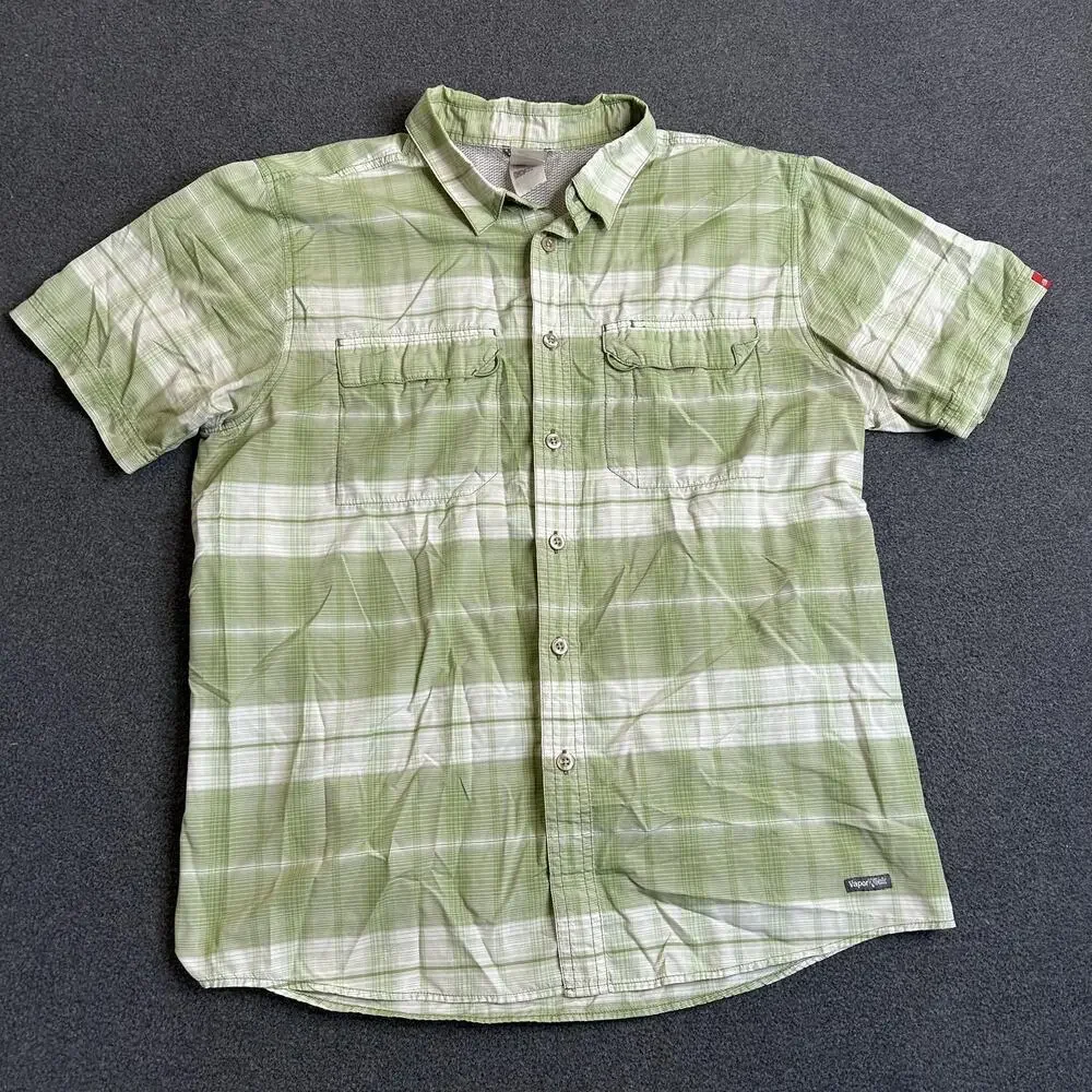 The North Face VaporWick Shirt Mens Large Green Plaid Button Front Short Sleeve
